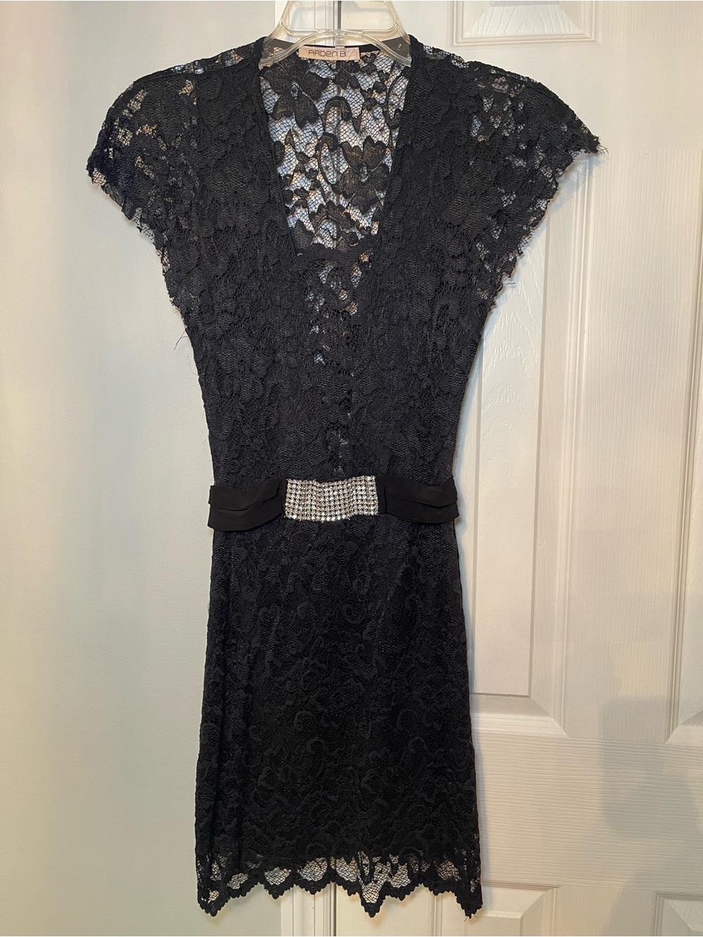 Arden B Black Lace V-Neck Dress with Rhinestone Belt